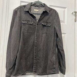AllSaints Men LDenim Shirt Snap Front Casual Utility Style Gray Long Sleeves